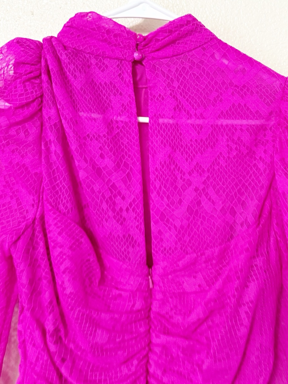 Saylor Marcey Fuchsia Pink Lace Ruffle Mock Neck Ruched Mini Dress Size Large - Picture 14 of 15